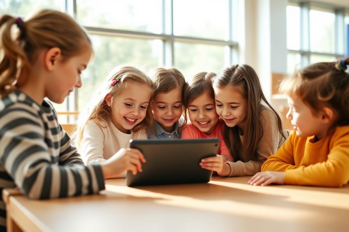 Kinder lernen gemeinsam an einem Tablet im Klassenzimmer